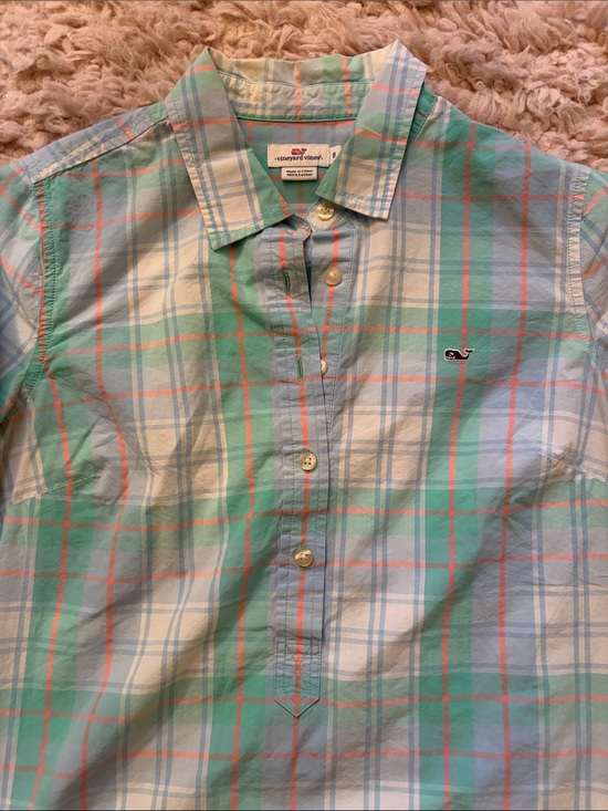 Vineyard Vines Tops - Women Vineyard Vines Pastel Plaid Button-Down Shirt - Mint, Light Blue & Coral